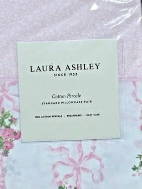 Laura Ashley~Pillowcase Pair~ Pink Floral Ribbon 100% Cotton Percale Standard